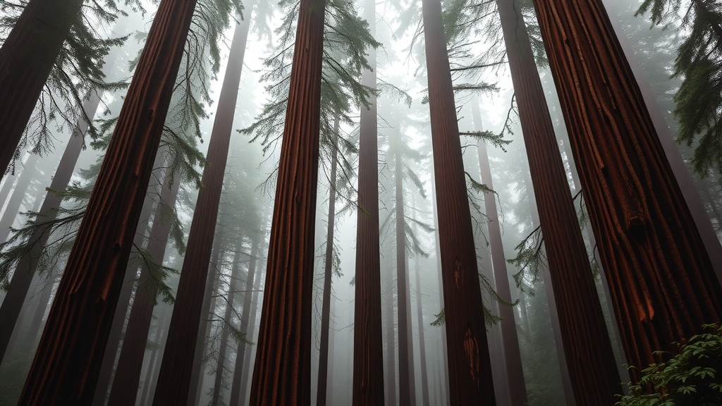 Tall redwood trees in a misty forest