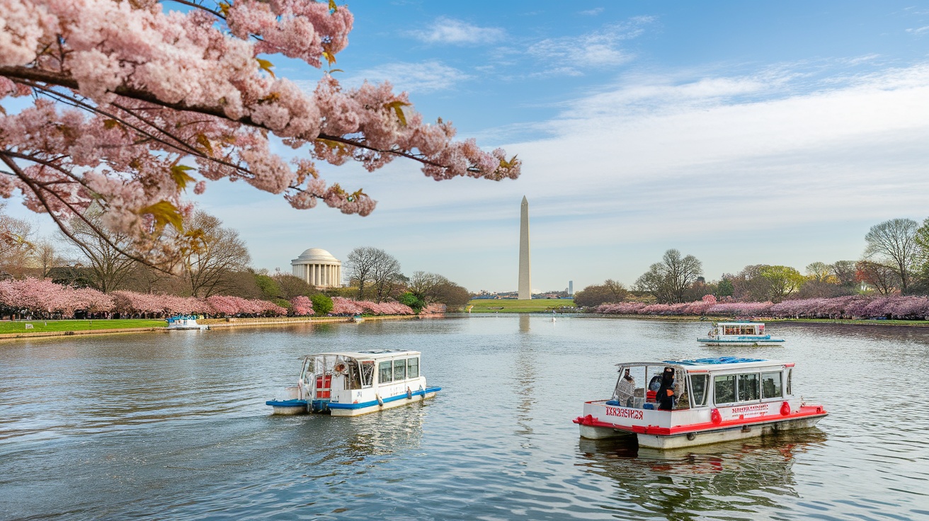 A scenic view of the Tidal Basin with cherry blossoms, boats, and the Washington Monument in the background.