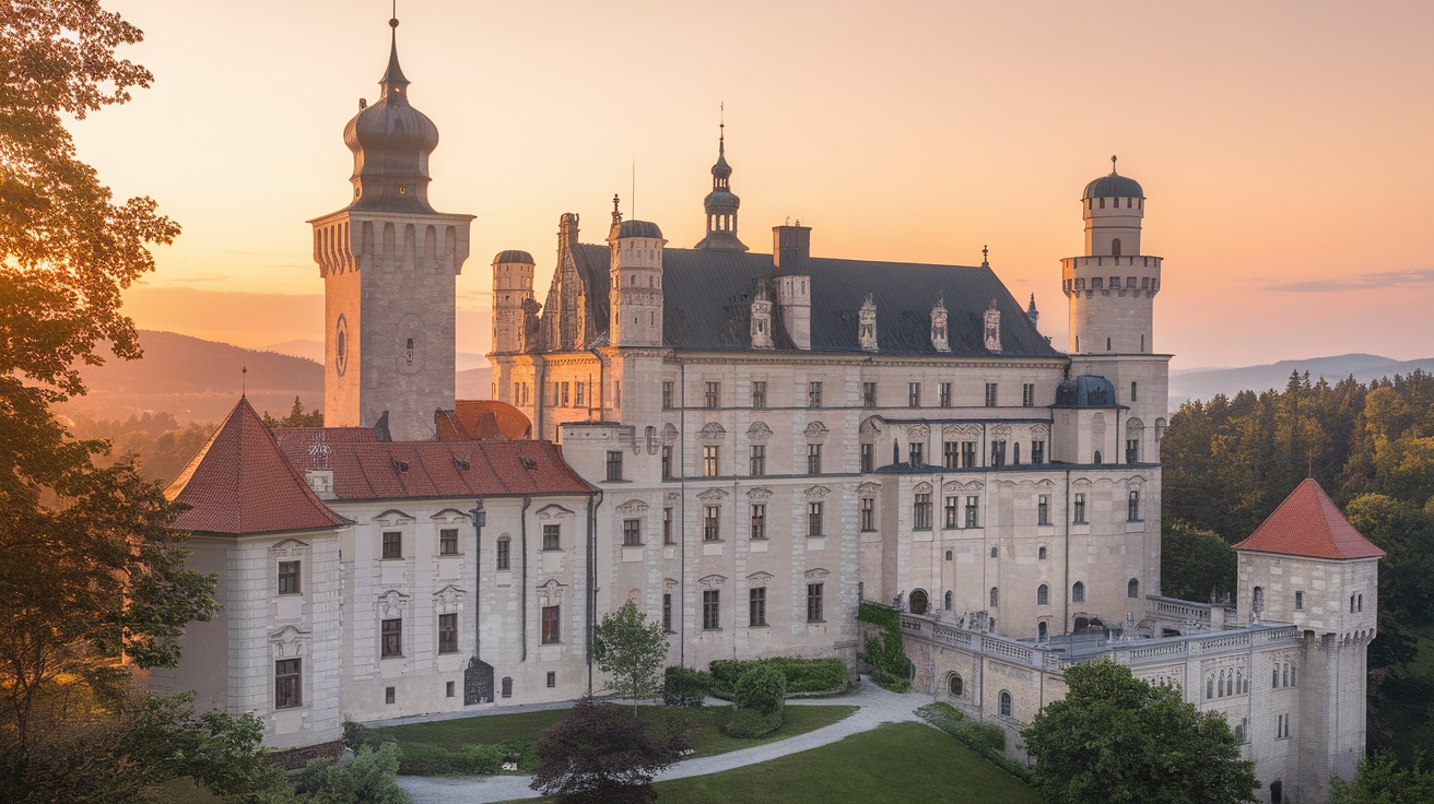 Stunning view of a Czech castle at sunset, showcasing its grand towers and lush surroundings.