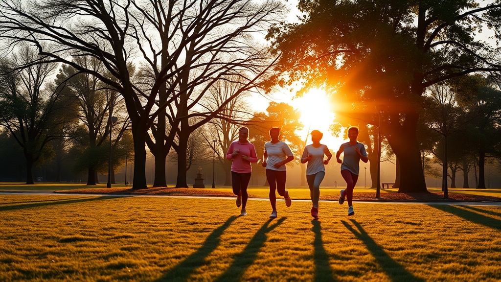 Group of people jogging in the park at sunset.