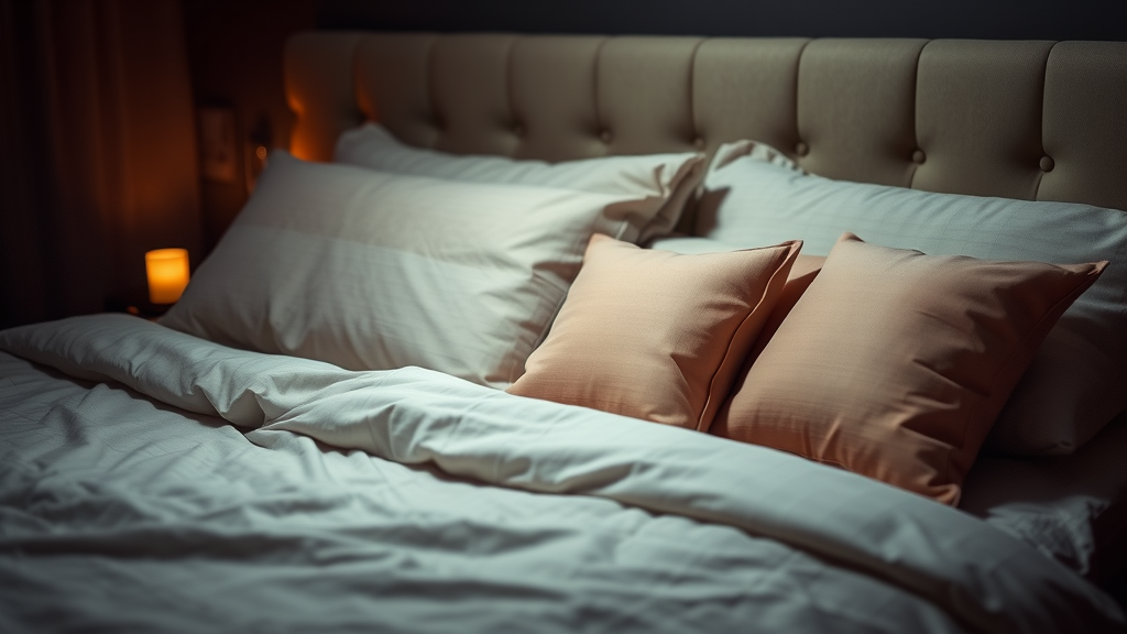 Cozy bedroom with neatly arranged pillows and soft lighting.