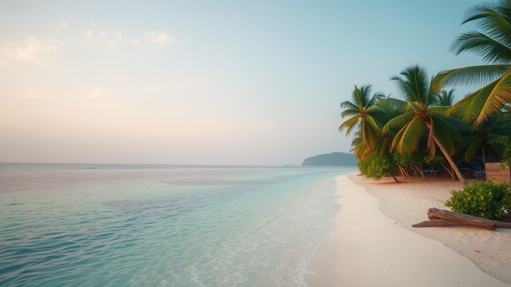 A serene beach in the Maldives with clear water and palm trees.