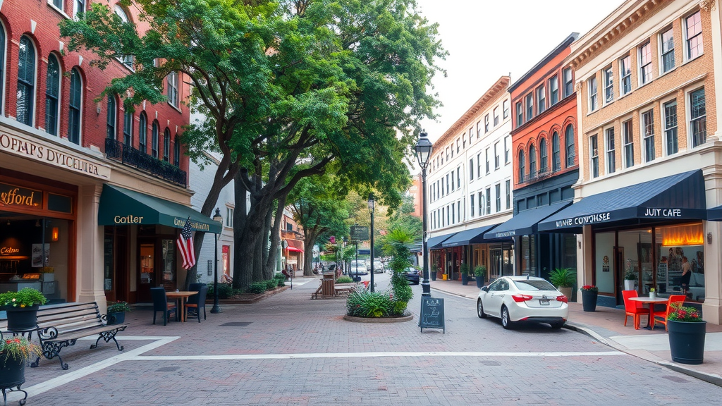 A peaceful street view in Oxford, Mississippi, showcasing charming shops and green trees.