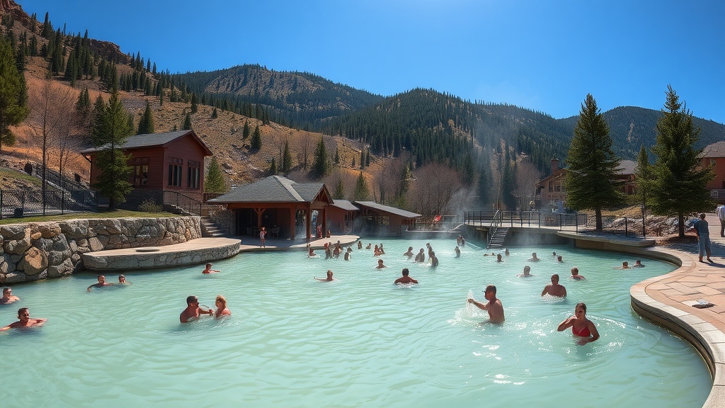 Glenwood Hot Springs with people enjoying the warm water and scenic mountain backdrop.