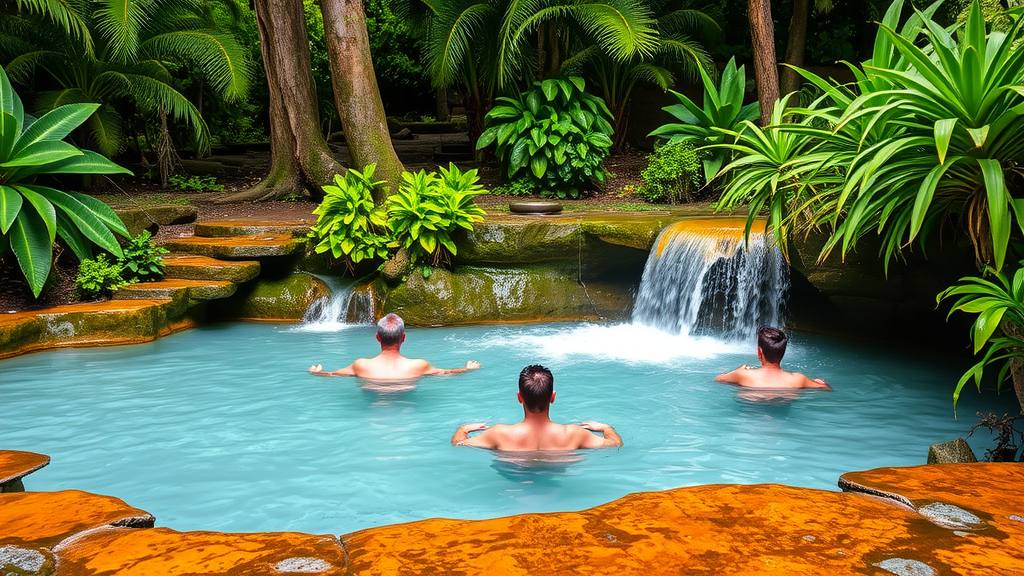 A serene view of natural hot springs in Jarabacoa, surrounded by mountains and trees.