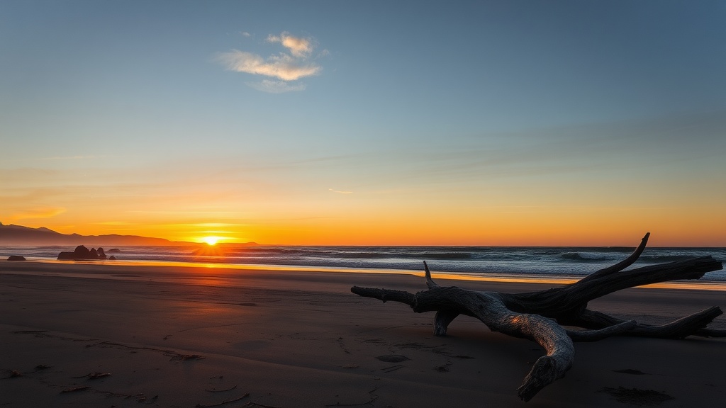 A tranquil beach scene at sunset with a wooden log in the foreground and a beautiful orange sky.