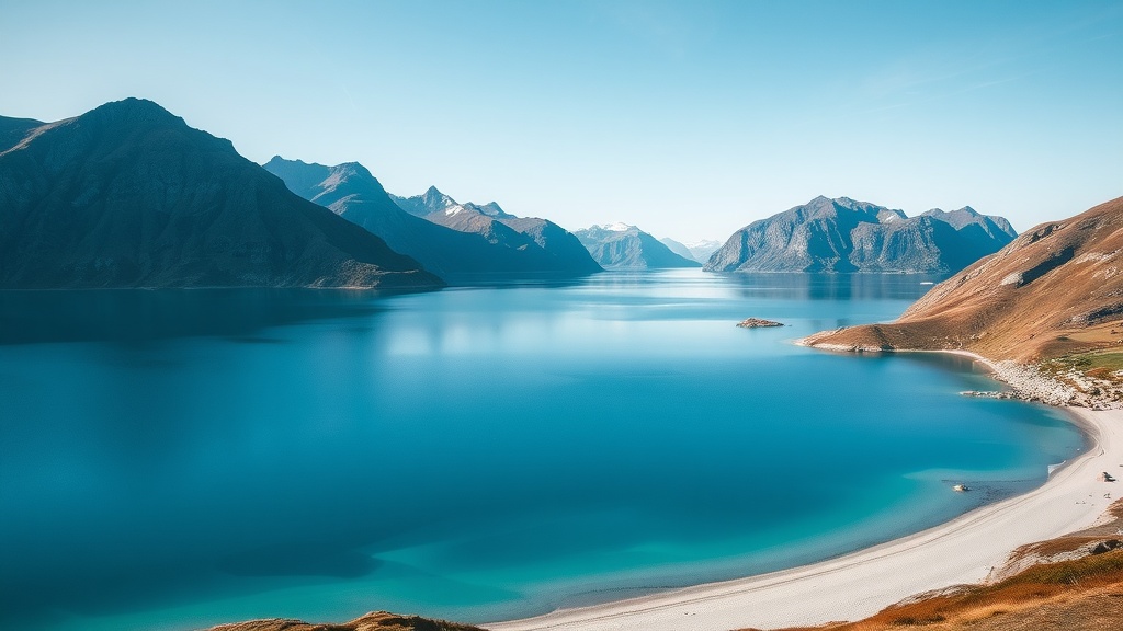 Scenic view of the Blue Lagoon in Lofoten with mountains and clear blue water.