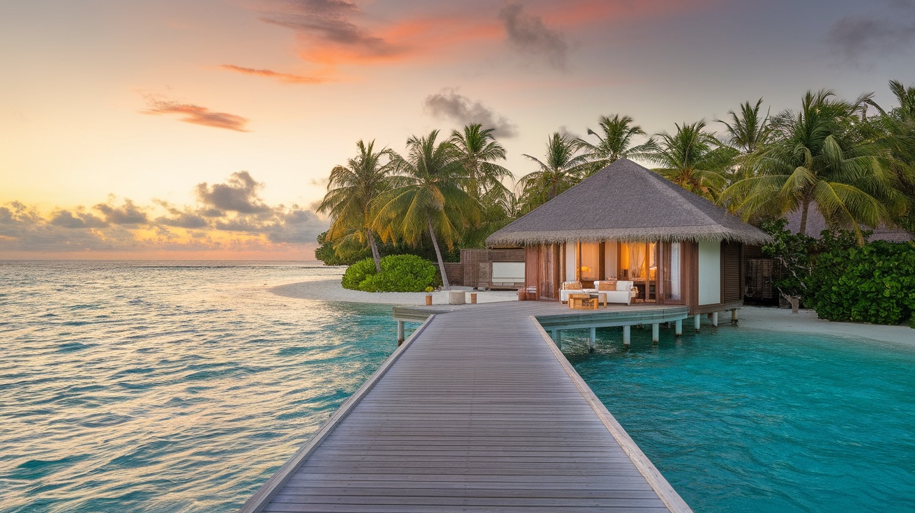 A luxurious villa at Soneva Fushi in the Maldives during sunset, surrounded by palm trees and clear waters.