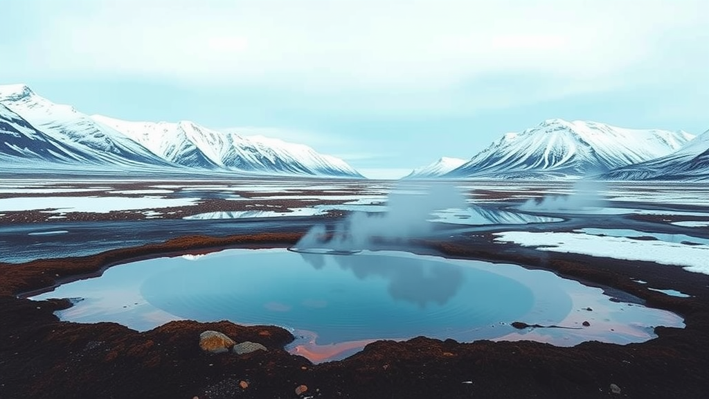 A scenic view of thermal springs surrounded by snowy mountains in Iceland.