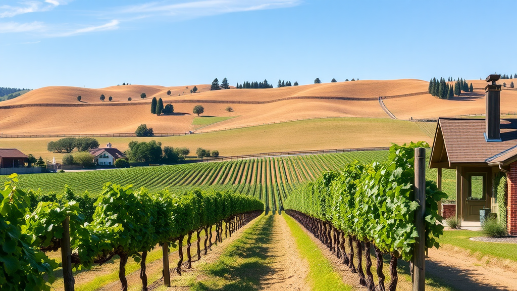 Beautiful vineyard landscape in Napa Valley with rolling hills and clear blue skies.