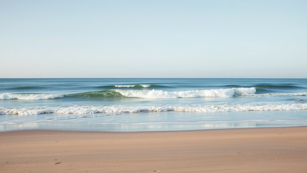 A serene view of the waves gently rolling onto the sandy beach at Jæren, Norway.