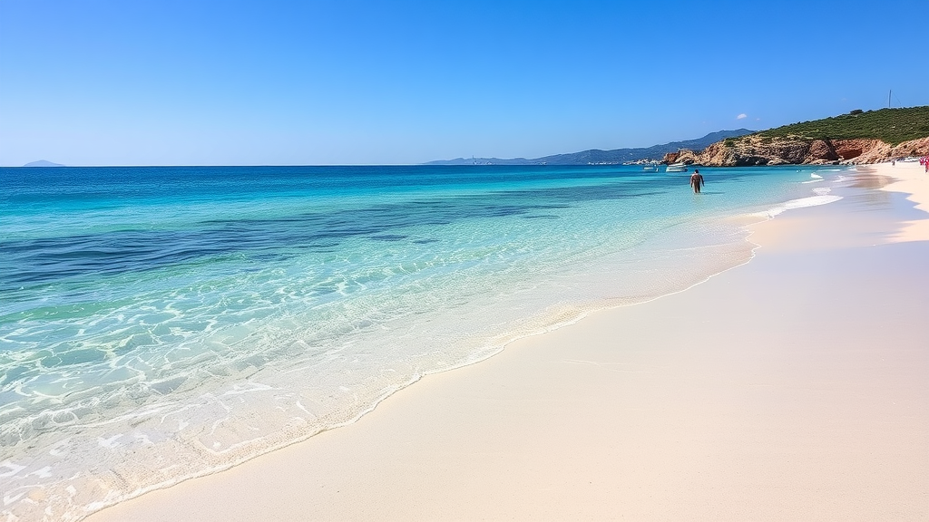 A beautiful beach in Sardinia with clear water and soft sand.