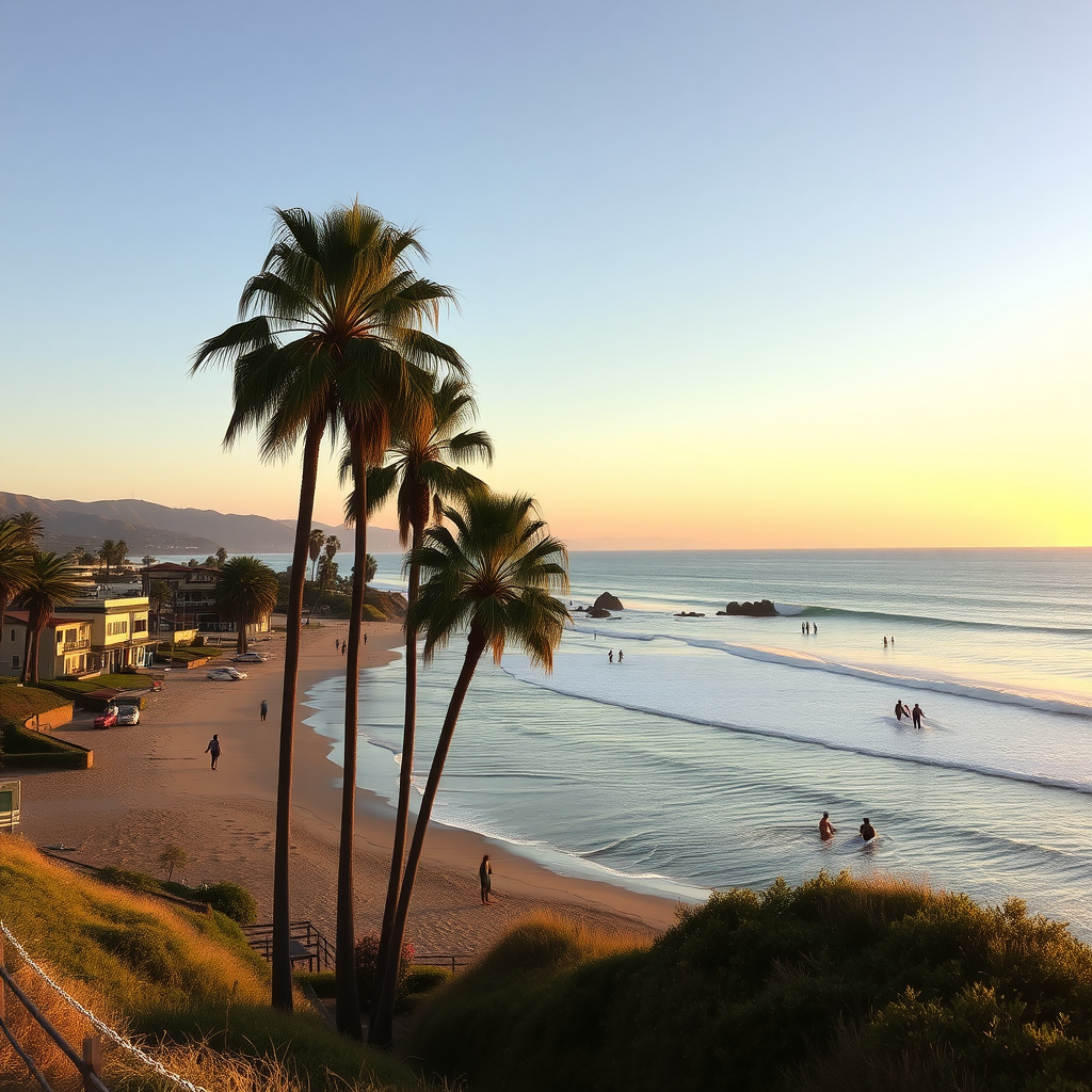 A serene view of Malibu beach at sunset with palm trees and people walking along the shoreline.