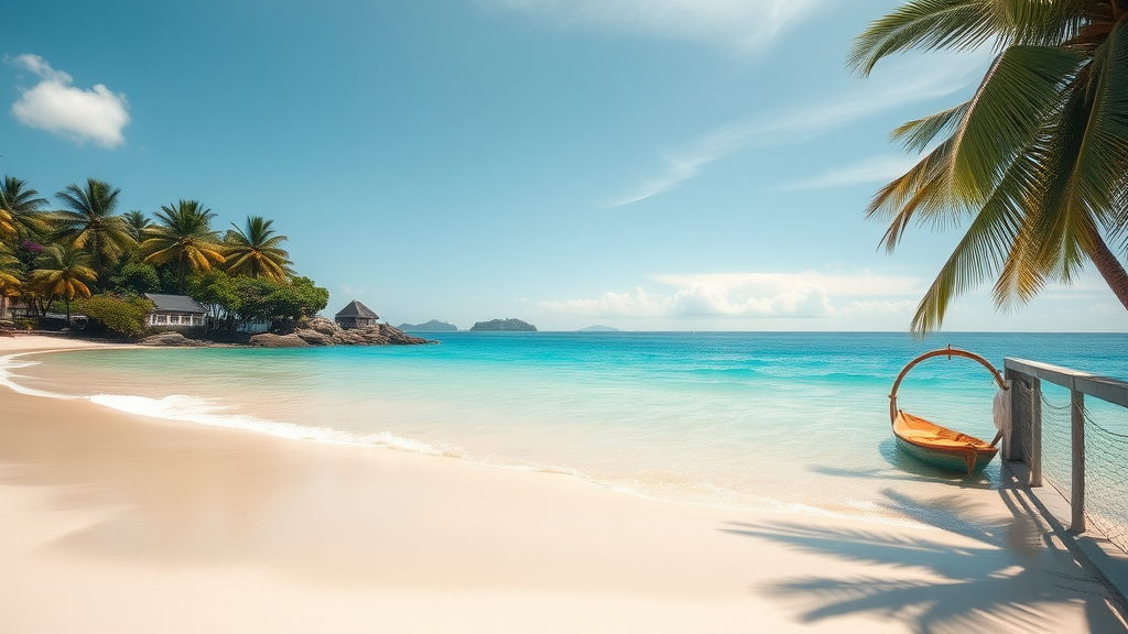 A serene beach in Bali with clear water, white sand, and palm trees.