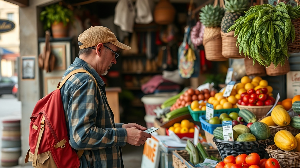 A man checking his phone while browsing a vibrant market filled with fresh fruits and vegetables.