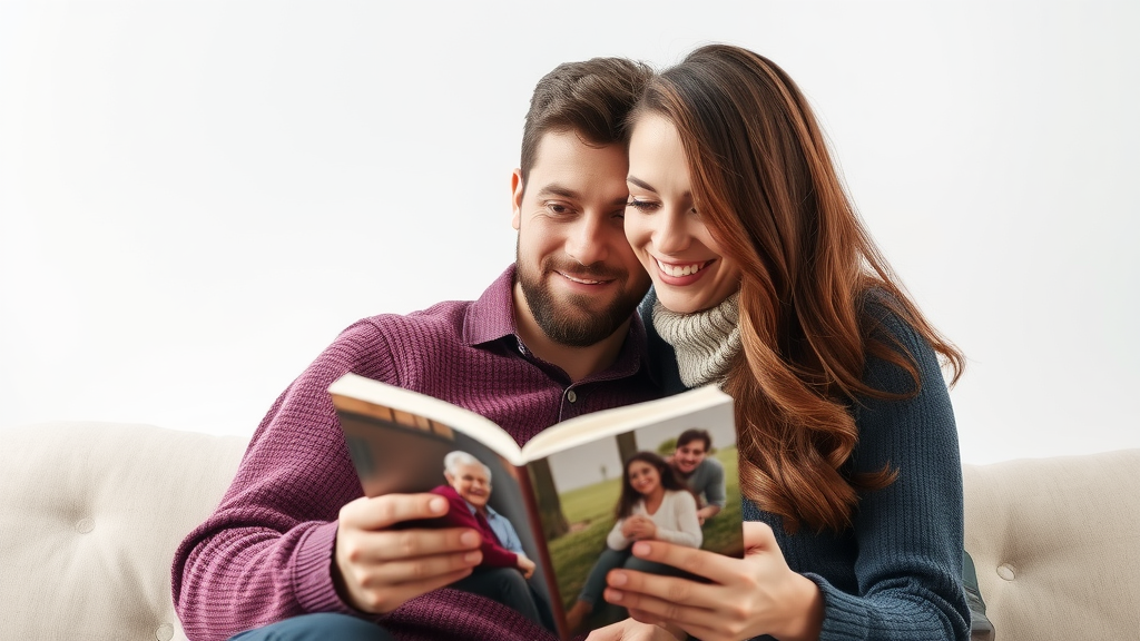 A couple sitting together on a couch, happily looking at a photo album.