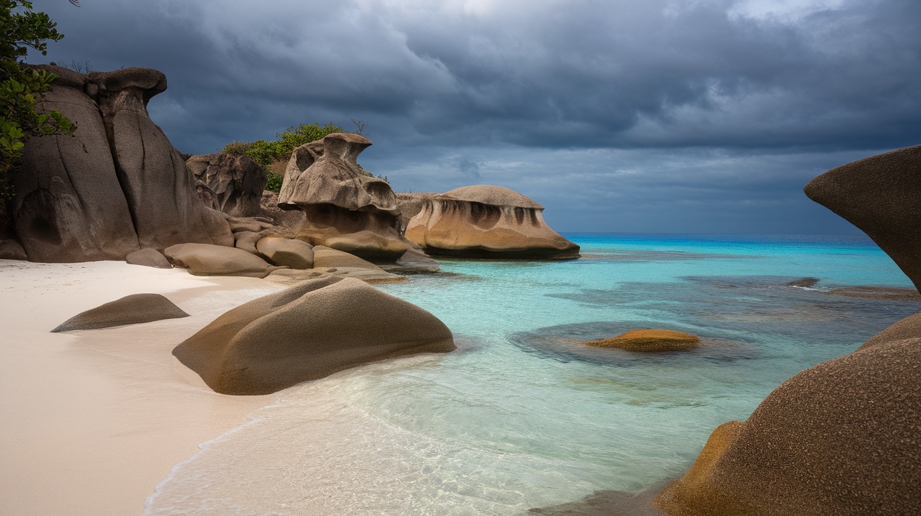 A remote beach in Madagascar featuring smooth rock formations and clear blue waters under a cloudy sky.