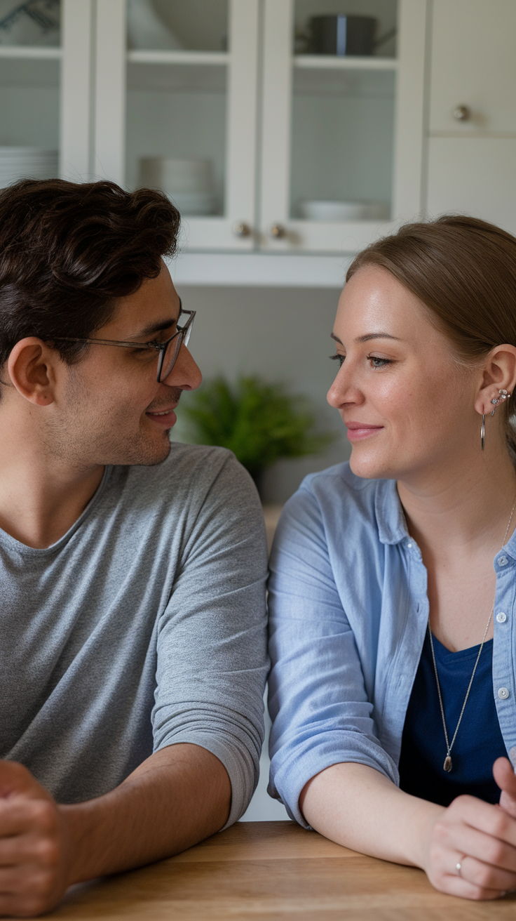 A couple sitting at a table, smiling and looking at each other, engaged in a conversation.