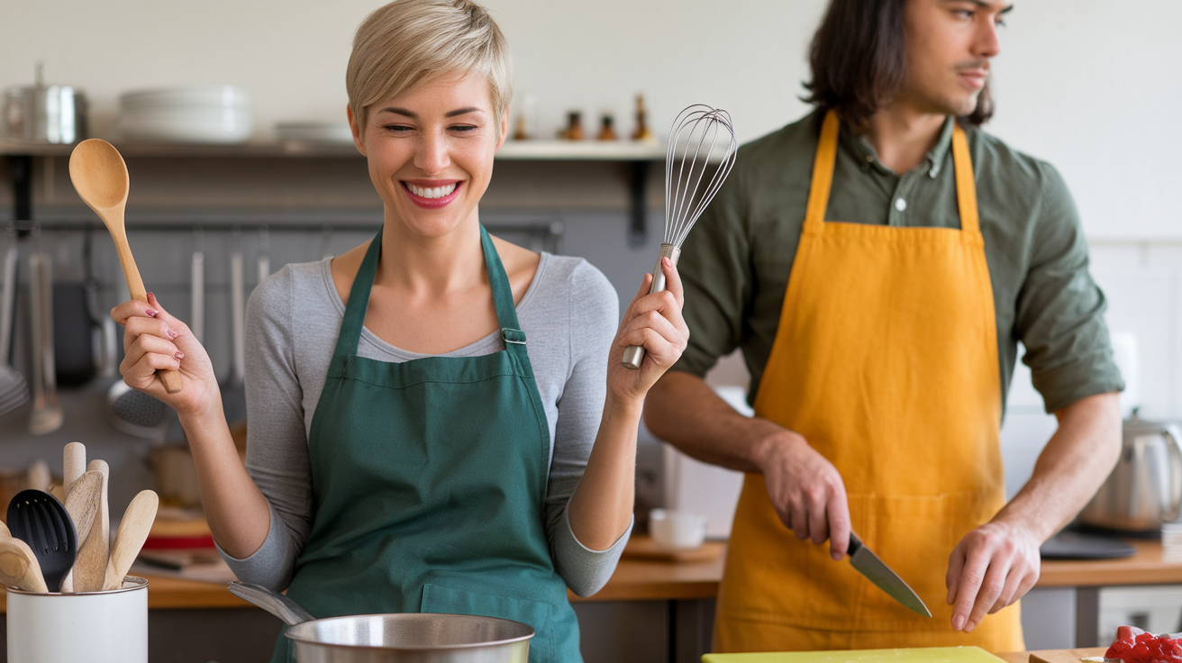 Happy couple cooking together in the kitchen, showcasing their independence.