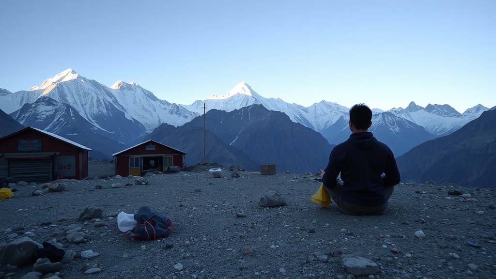 A person meditating at a Himalayan base camp surrounded by mountains.