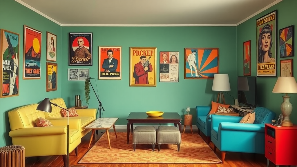 A living room featuring retro 70s design with yellow and blue sofas, colorful wall art, and a cozy layout.