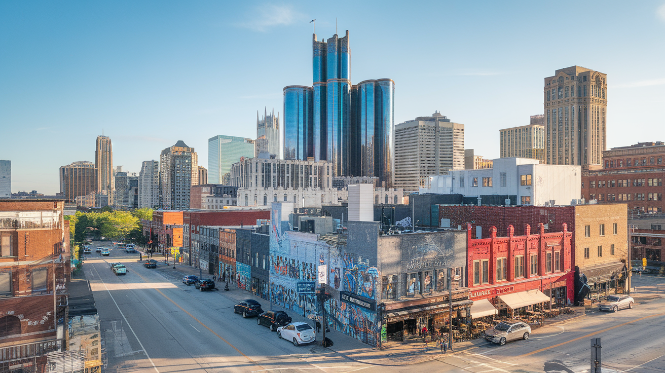 Cityscape of Detroit showcasing a mix of modern and historic buildings, with vibrant street art and clear blue skies.