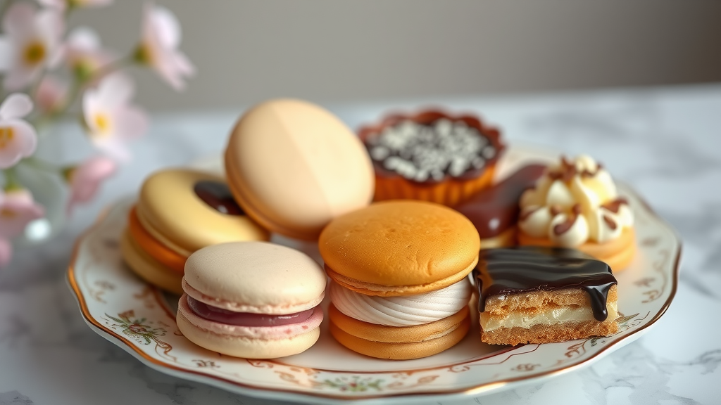 A variety of French pastries displayed on a decorative plate