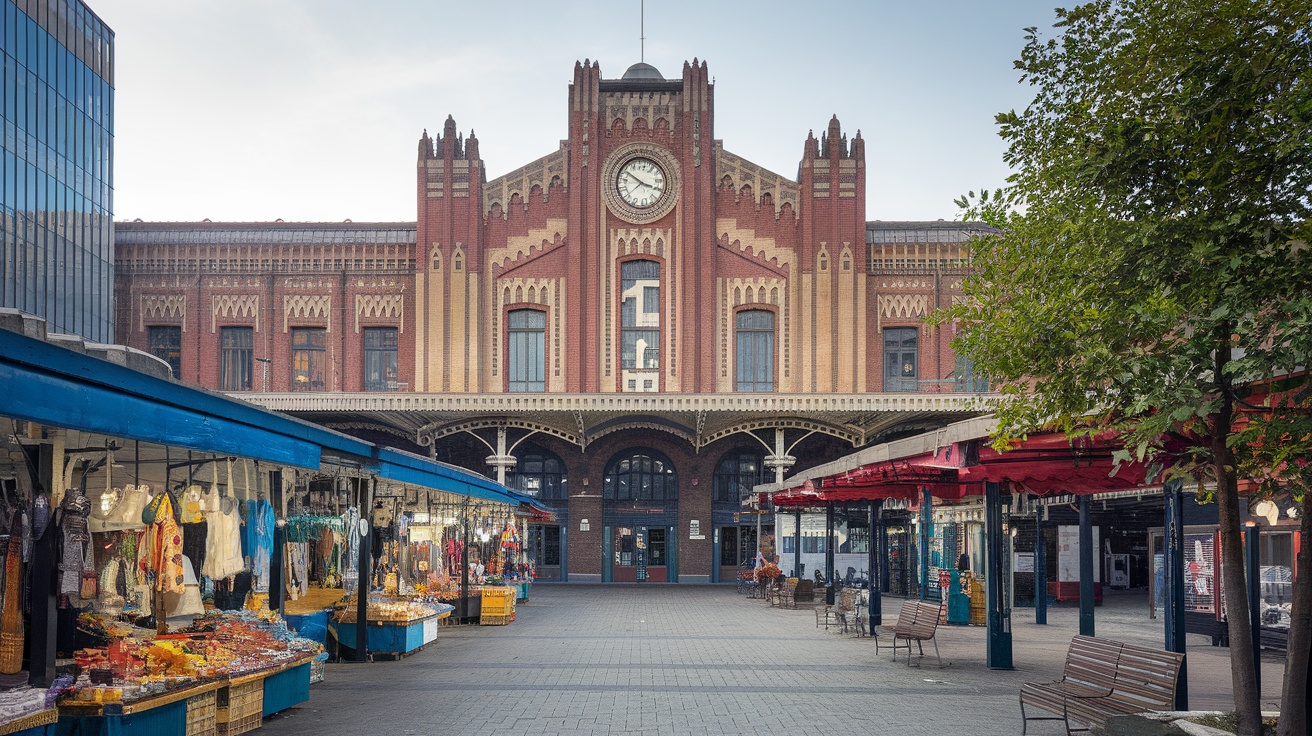 Riga Central Railway Station showcasing its unique architecture with market stalls in front.