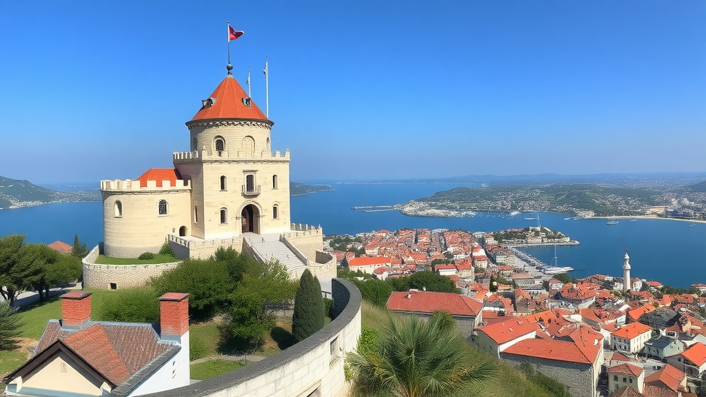 A view of Trsat Castle overlooking the city of Rijeka and the sea.