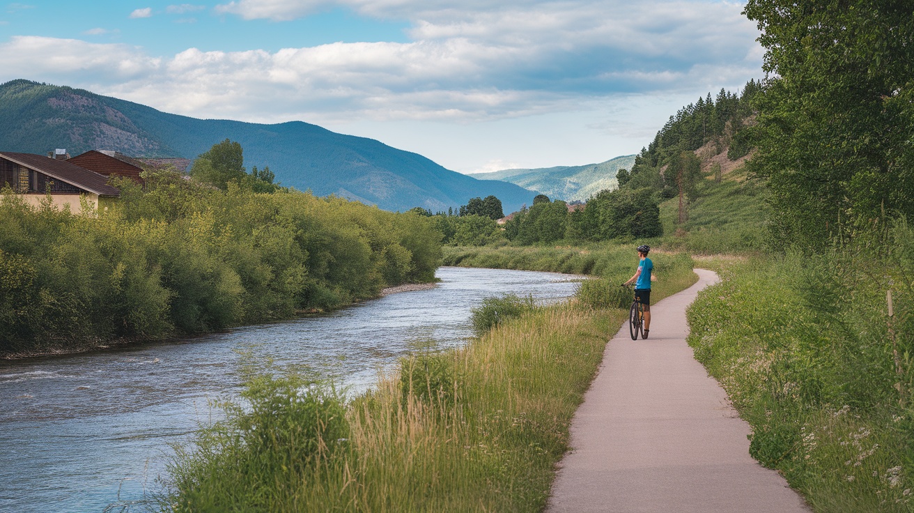 A cyclist pausing by a scenic riverside trail, surrounded by green vegetation and mountains in the background.