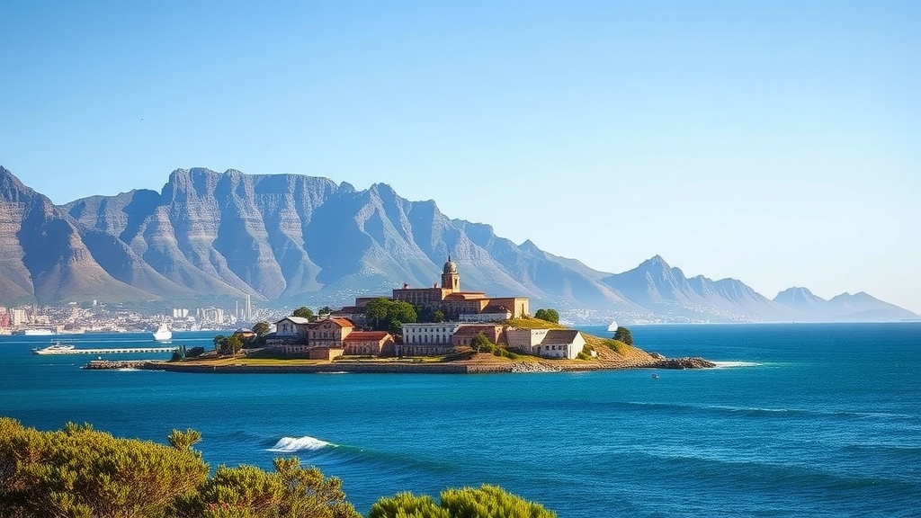 A picturesque view of Robben Island with mountains in the background and clear blue waters.