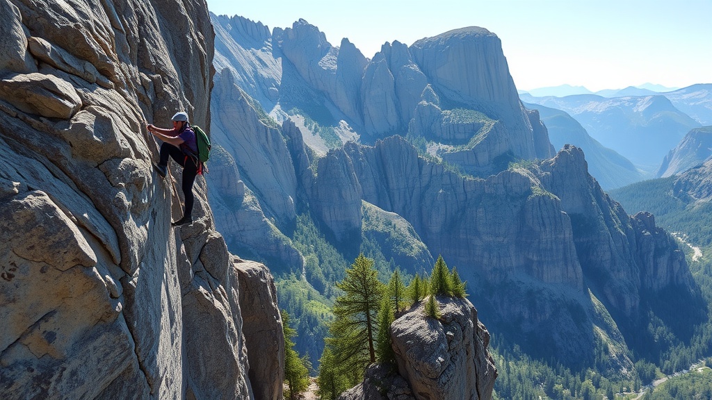 A climber ascending a steep cliff against a clear sky and distant mountains.