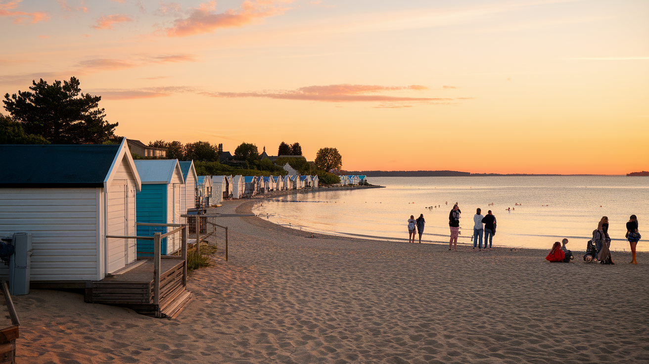 Colorful beach huts at sunset on Île de Ré