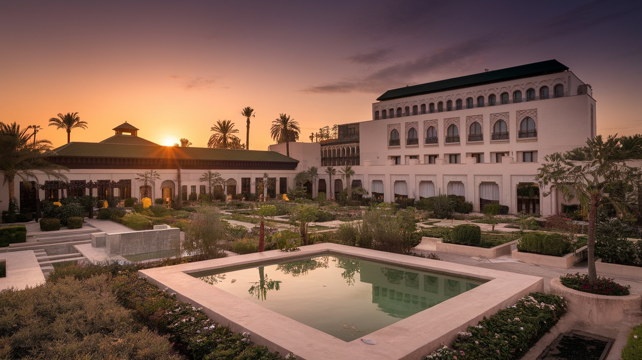 A beautiful view of La Mamounia Marrakech at sunset, showcasing the garden and hotel architecture.