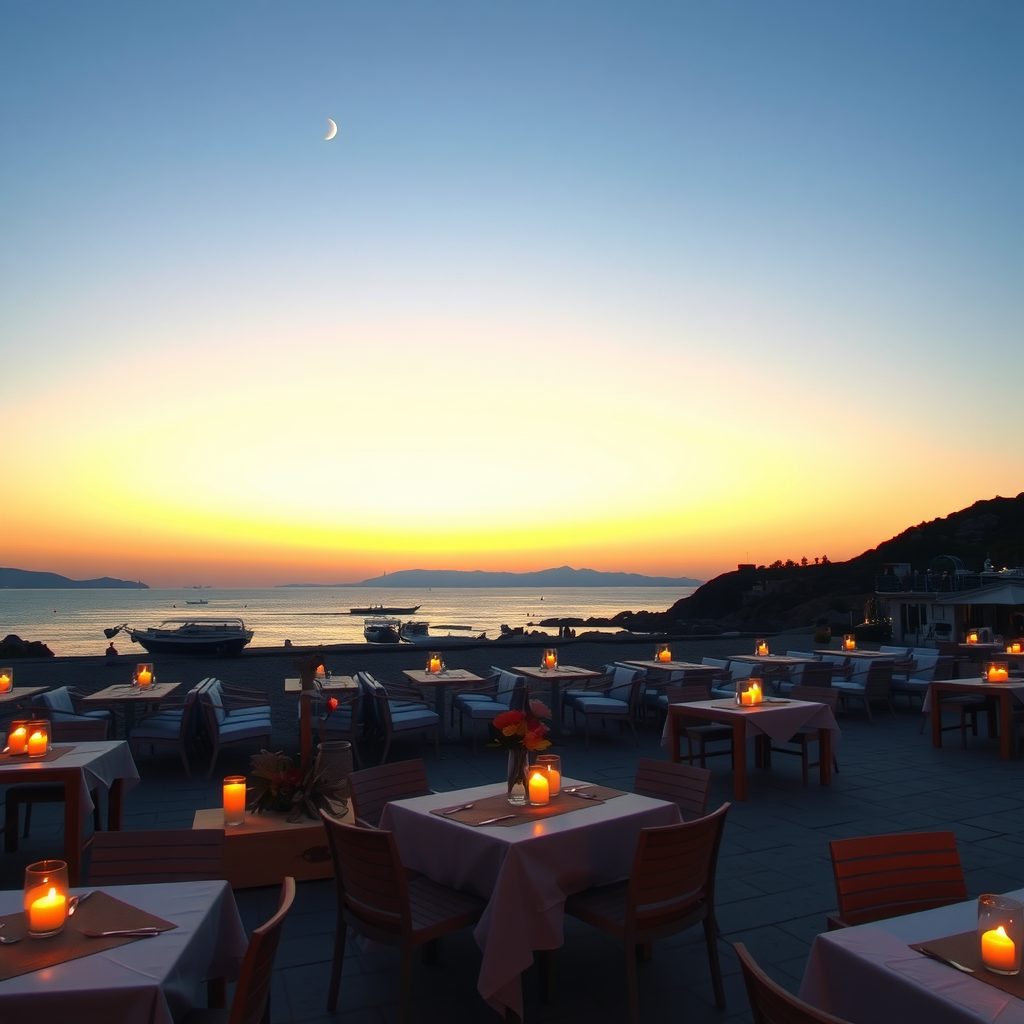 A romantic dining setup at Sunset Beach Club, Greece, with candles and a sunset view.