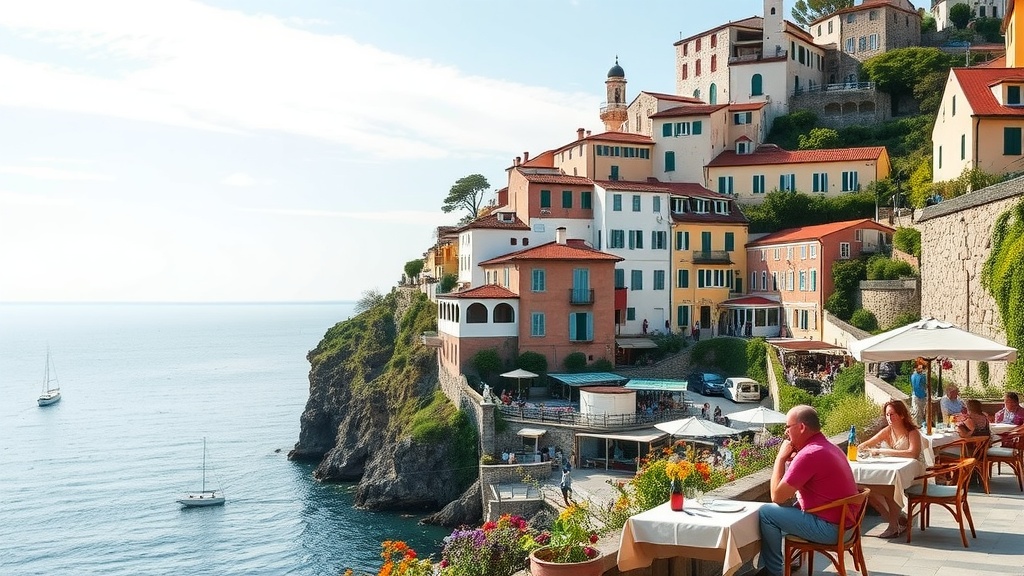 Beautiful seaside view of Amalfi Coast with colorful buildings and couples dining.