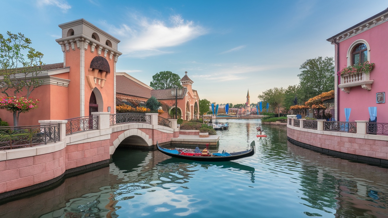 A scenic view of the Italy Pavilion at Epcot, featuring a gondola on a canal and colorful buildings.