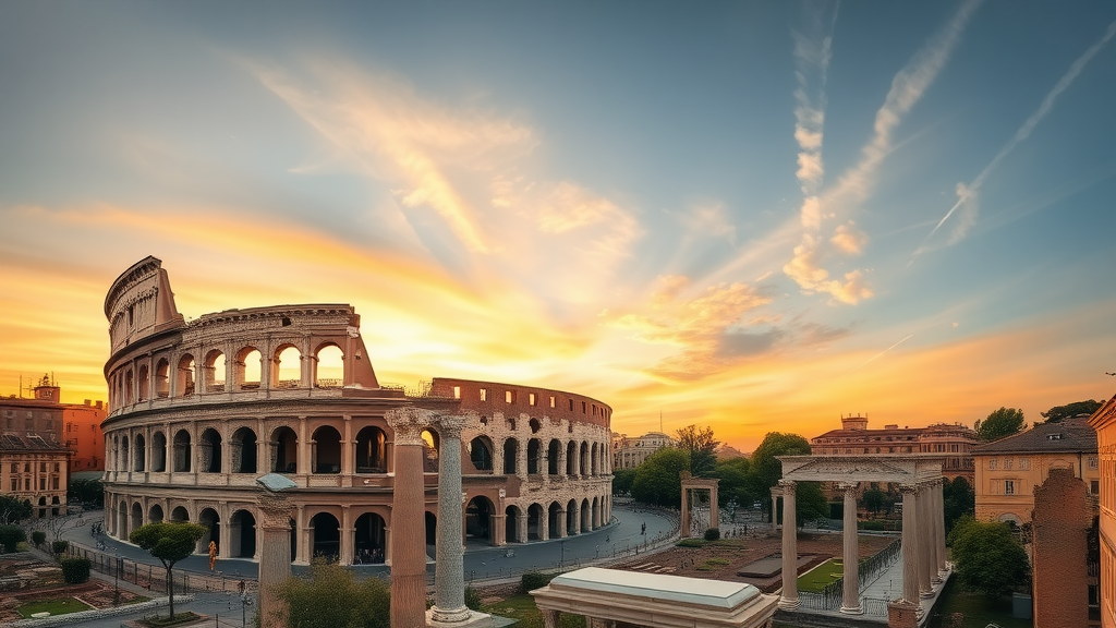 A panoramic view of the Colosseum in Rome at sunset.