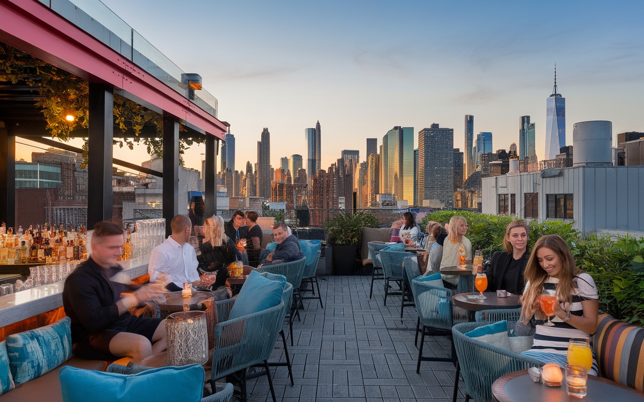 Guests enjoying cocktails at the rooftop bar of Hotel Hendricks, overlooking the New York City skyline at sunset.