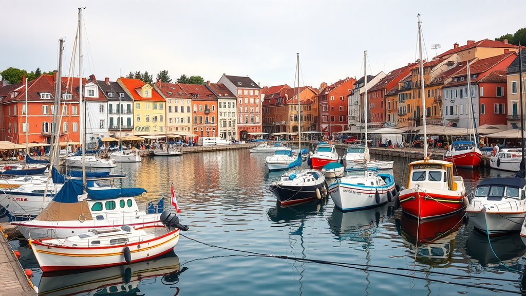 A scenic view of Rovinj's harbor featuring colorful buildings and boats