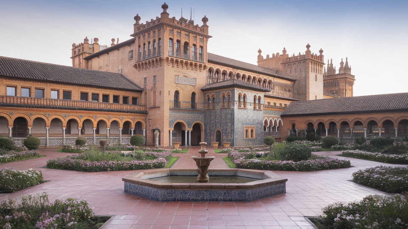 A beautiful Spanish palace with intricate architecture and blooming gardens.