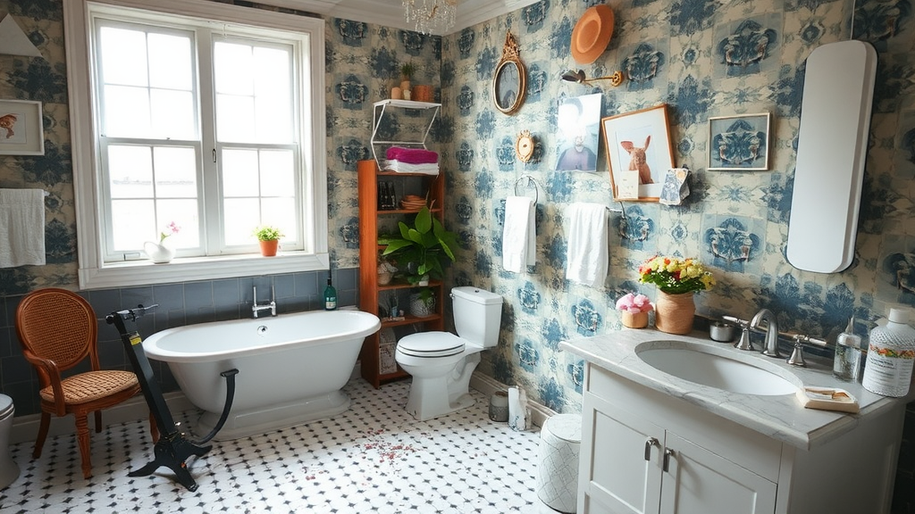 Construction workers remodeling a bathroom with scattered materials and letters on the walls.