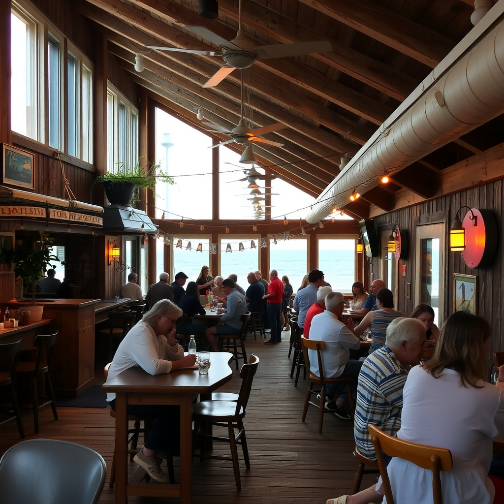 Interior of The Surf Lodge in Montauk, showcasing a rustic wooden decor and patrons enjoying their time.