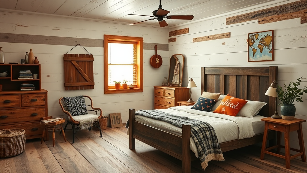 Stylish rustic farmhouse bedroom with wooden furniture and warm colors