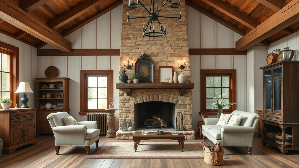 A cozy rustic farmhouse living room with a stone fireplace, wooden beams, and comfortable seating.