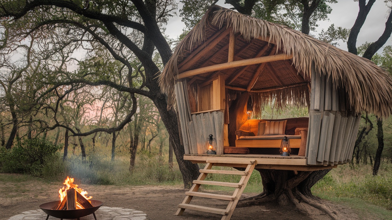 A rustic treehouse with a fire pit in front, surrounded by trees.