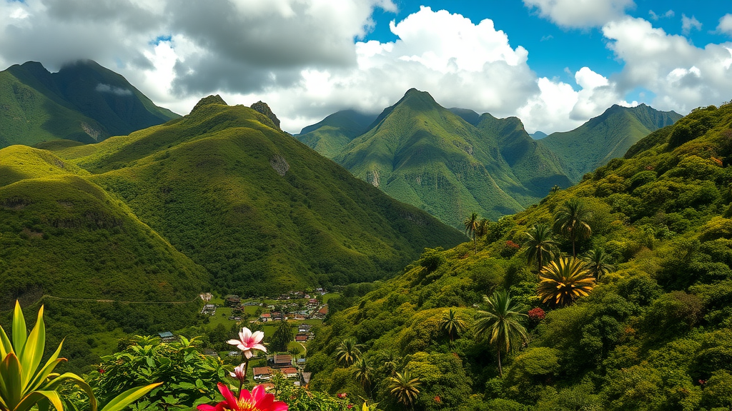 Scenic view of Saba Island with mountains and a small village surrounded by greenery.