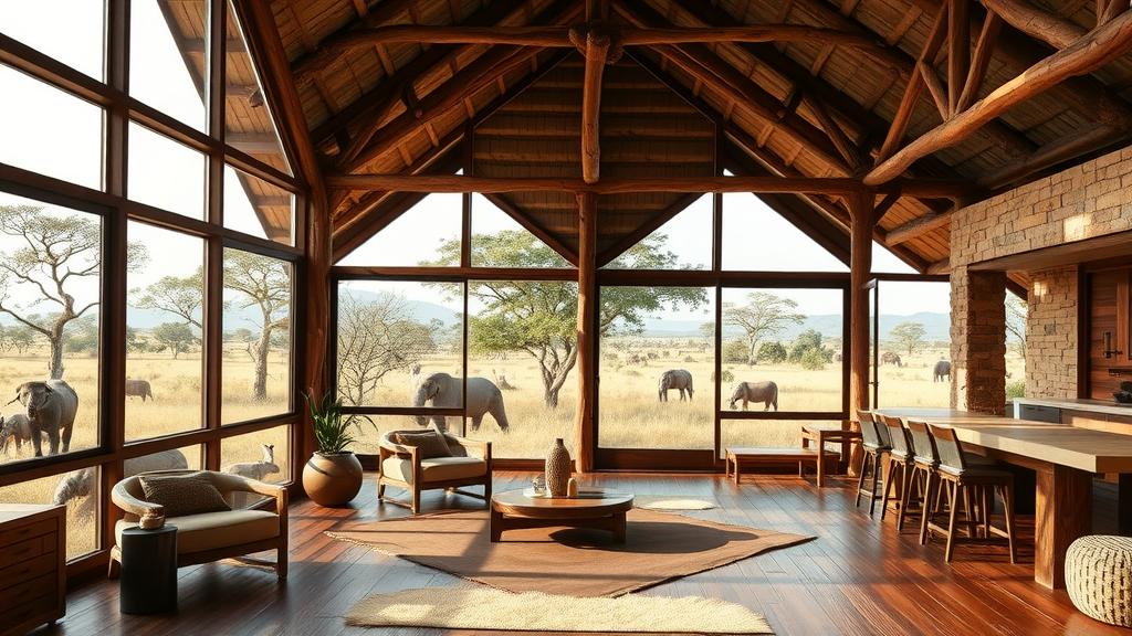 A spacious safari lodge with large windows showing elephants in the background.