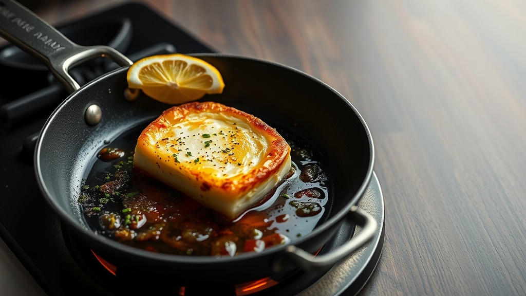 A pan of saganaki cheese being fried, garnished with lemon.