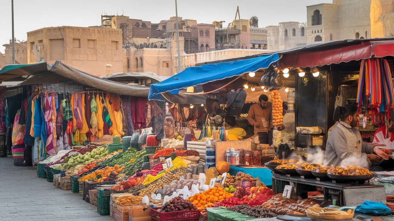 A vibrant market scene with colorful textiles and fresh produce.